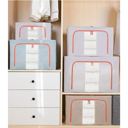 Cutie de Depozitare Pliabila, Flippy, 66 L, din Bumbac si In, 50x40x33 cm, Fereastra Frontala Transparenta, 2 Usi de Acces cu Fermoar Bidirectional, Cadru Metalic, Suport Baza Stabil din Plastic, Bleu-3