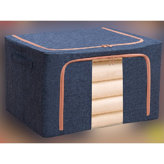 Cutie de Depozitare Pliabila, Flippy, 66 L, din Bumbac si In, 50x40x33 cm, Fereastra Frontala, 2 Usi de Acces cu Fermoar Bidirectional, Cadru Metalic, Suport Baza Stabil din Plastic, Albastru Marin-1