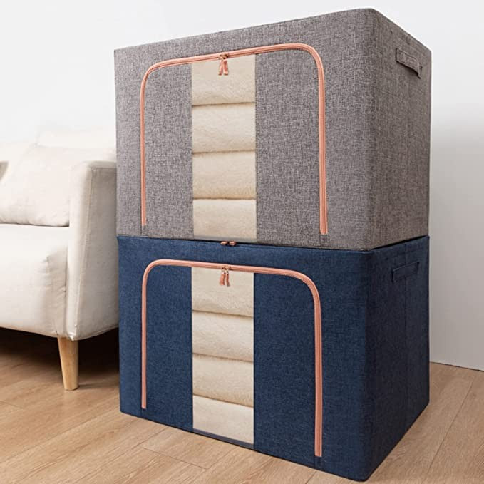 Cutie de Depozitare Pliabila, Flippy, 66 L, din Bumbac si In, 50x40x33 cm, Fereastra Frontala, 2 Usi de Acces cu Fermoar Bidirectional, Cadru Metalic, Suport Baza Stabil din Plastic, Albastru Marin-2