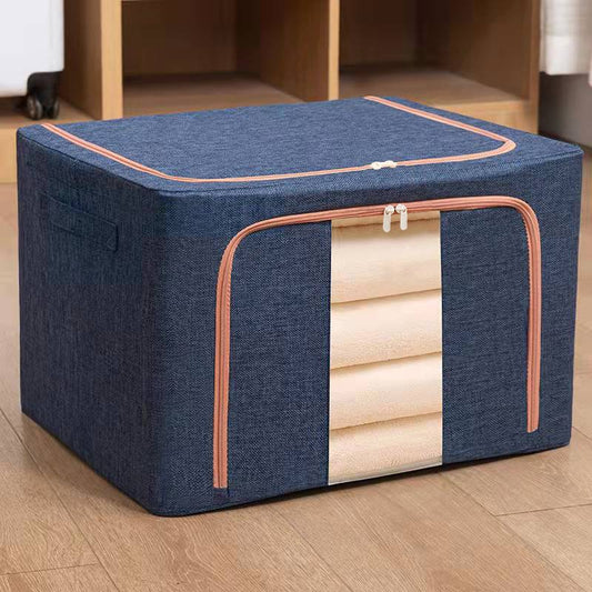 Cutie de Depozitare Pliabila, Flippy, 66 L, din Bumbac si In, 50x40x33 cm, Fereastra Frontala, 2 Usi de Acces cu Fermoar Bidirectional, Cadru Metalic, Suport Baza Stabil din Plastic, Albastru Marin-0