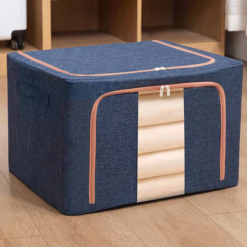 Cutie de Depozitare Pliabila, Flippy, 66 L, din Bumbac si In, 50x40x33 cm, Fereastra Frontala, 2 Usi de Acces cu Fermoar Bidirectional, Cadru Metalic, Suport Baza Stabil din Plastic, Albastru Marin-0
