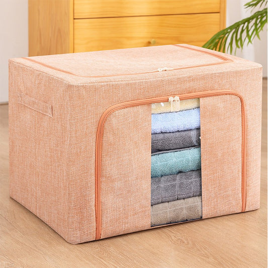 Cutie de Depozitare Pliabila, Flippy, 66 L, din Bumbac si In, 50x40x33 cm, Fereastra Frontala, 2 Usi de Acces cu Fermoar Bidirectional, Cadru Metalic, Suport Baza Stabil din Plastic, Roz Pudrat-0