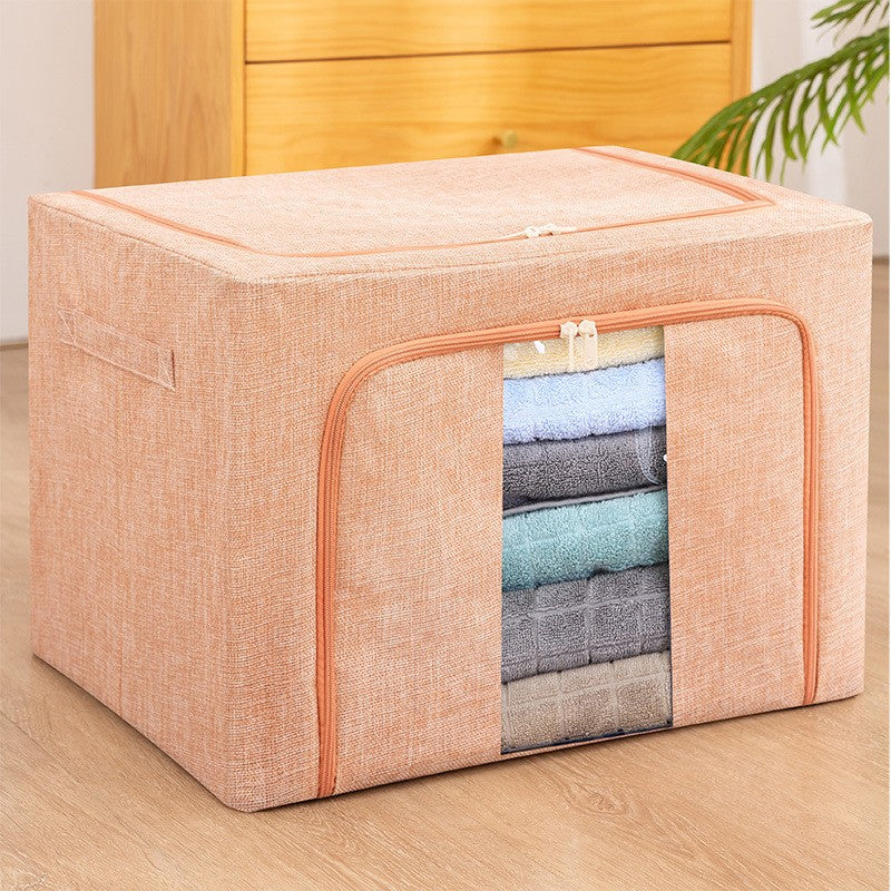 Cutie de Depozitare Pliabila, Flippy, 66 L, din Bumbac si In, 50x40x33 cm, Fereastra Frontala, 2 Usi de Acces cu Fermoar Bidirectional, Cadru Metalic, Suport Baza Stabil din Plastic, Roz Pudrat-0