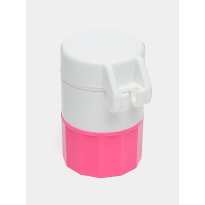 Cutie Pastile Multifunctionala, Flippy, 4 in 1, Pahar Apa, Taiere, Sfaramare, Depozitare, Compact, ABS cu Lama din Inox, Alb/Roz, 8.7x6.2x4.1 cm-1