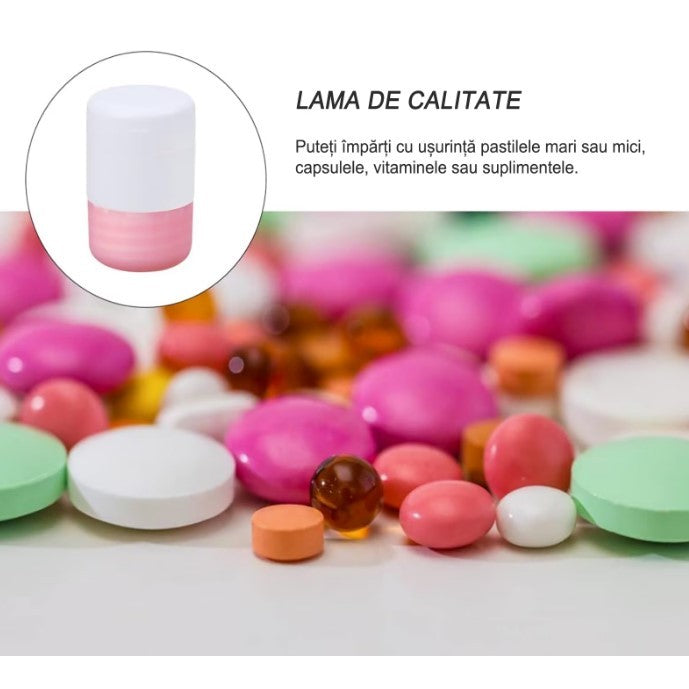 Cutie Pastile Multifunctionala, Flippy, 4 in 1, Pahar Apa, Taiere, Sfaramare, Depozitare, Compact, ABS cu Lama din Inox, Alb/Roz, 8.7x6.2x4.1 cm-2