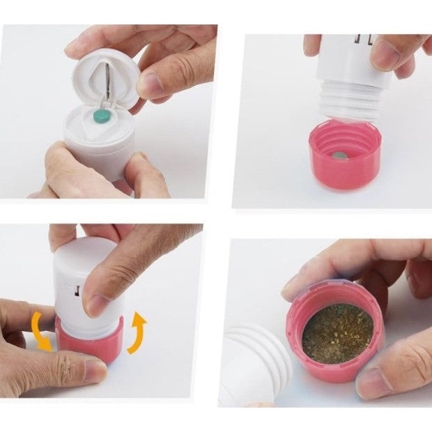 Cutie Pastile Multifunctionala, Flippy, 4 in 1, Pahar Apa, Taiere, Sfaramare, Depozitare, Compact, ABS cu Lama din Inox, Alb/Roz, 8.7x6.2x4.1 cm-3