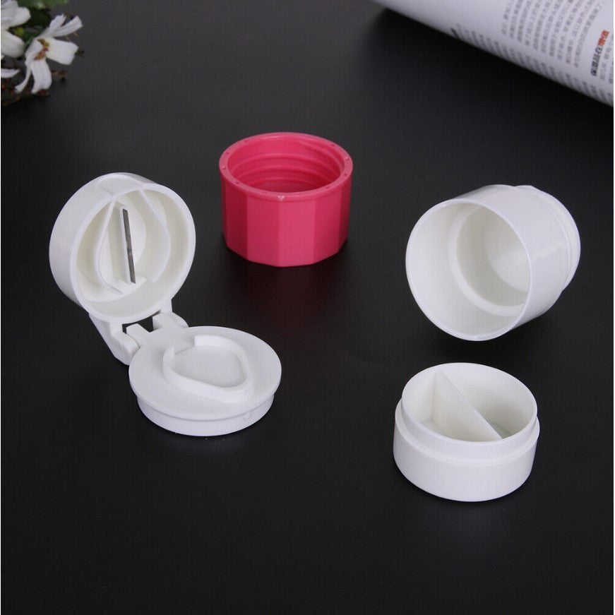 Cutie Pastile Multifunctionala, Flippy, 4 in 1, Pahar Apa, Taiere, Sfaramare, Depozitare, Compact, ABS cu Lama din Inox, Alb/Roz, 8.7x6.2x4.1 cm-4