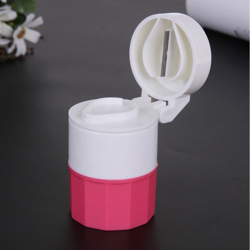 Cutie Pastile Multifunctionala, Flippy, 4 in 1, Pahar Apa, Taiere, Sfaramare, Depozitare, Compact, ABS cu Lama din Inox, Alb/Roz, 8.7x6.2x4.1 cm-5