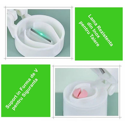 Cutie Pastile Multifunctionala, Flippy, 4 in 1, Pahar Apa, Taiere, Sfaramare, Depozitare, Compact, ABS cu Lama din Inox, Alb, 8.7x6.2x4.1 cm-1