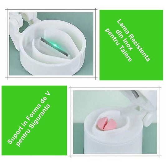 Cutie Pastile Multifunctionala, Flippy, 4 in 1, Pahar Apa, Taiere, Sfaramare, Depozitare, Compact, ABS cu Lama din Inox, Alb, 8.7x6.2x4.1 cm-1