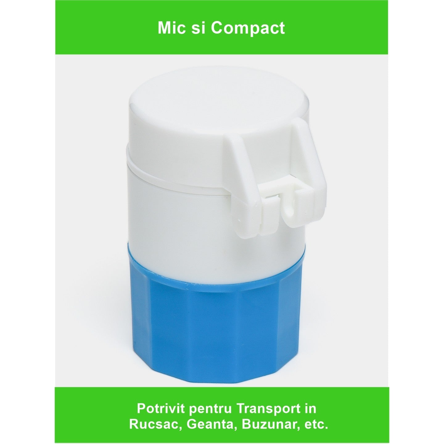 Cutie Pastile Multifunctionala, Flippy, 4 in 1, Pahar Apa, Taiere, Sfaramare, Depozitare, Compact, ABS cu Lama din Inox, Alb/Albastru, 8.7x6.2x4.1 cm-1