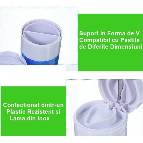 Cutie Pastile Multifunctionala, Flippy, 4 in 1, Pahar Apa, Taiere, Sfaramare, Depozitare, Compact, ABS cu Lama din Inox, Alb/Albastru, 8.7x6.2x4.1 cm-2