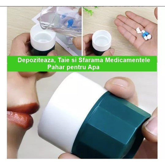 Cutie Pastile Multifunctionala, Flippy, 4 in 1, Pahar Apa, Taiere, Sfaramare, Depozitare, Compact, ABS cu Lama din Inox, Alb/Verde, 8.7x6.2x4.1 cm-1
