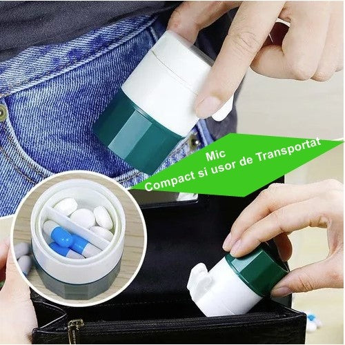 Cutie Pastile Multifunctionala, Flippy, 4 in 1, Pahar Apa, Taiere, Sfaramare, Depozitare, Compact, ABS cu Lama din Inox, Alb/Verde, 8.7x6.2x4.1 cm-2