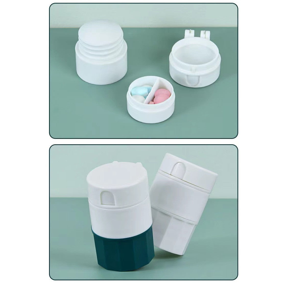 Cutie Pastile Multifunctionala, Flippy, 4 in 1, Pahar Apa, Taiere, Sfaramare, Depozitare, Compact, ABS cu Lama din Inox, Alb/Verde, 8.7x6.2x4.1 cm-3