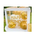Cutie pentru Baloane, Flippy, Tematica Aniversare, Model Scris Happy Birthday, Baloane Aurii, Albe si Panglica Incluse, Contur Alb, Transparenta, 30x30 cm-0