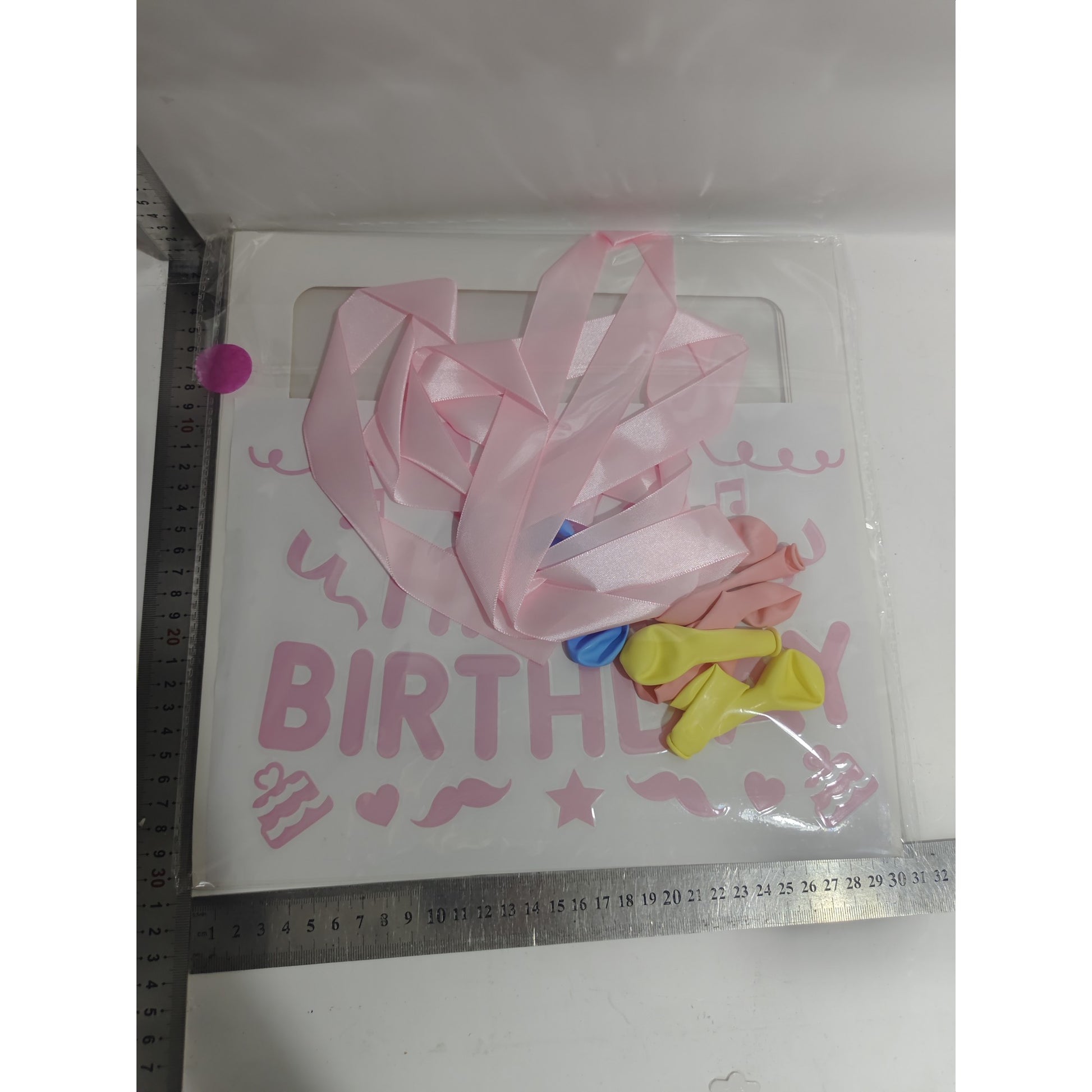 Cutie pentru Baloane, Flippy, Tematica Aniversare, Model Scris Happy Birthday, Baloane Albastre, Roz, Galbene si Panglica Incluse, Contur Alb, Transparenta, 30x30 cm-1