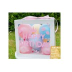 Cutie pentru Baloane, Flippy, Tematica Aniversare, Model Scris Happy Birthday, Baloane Albastre, Roz, Galbene si Panglica Incluse, Contur Alb, Transparenta, 30x30 cm-0