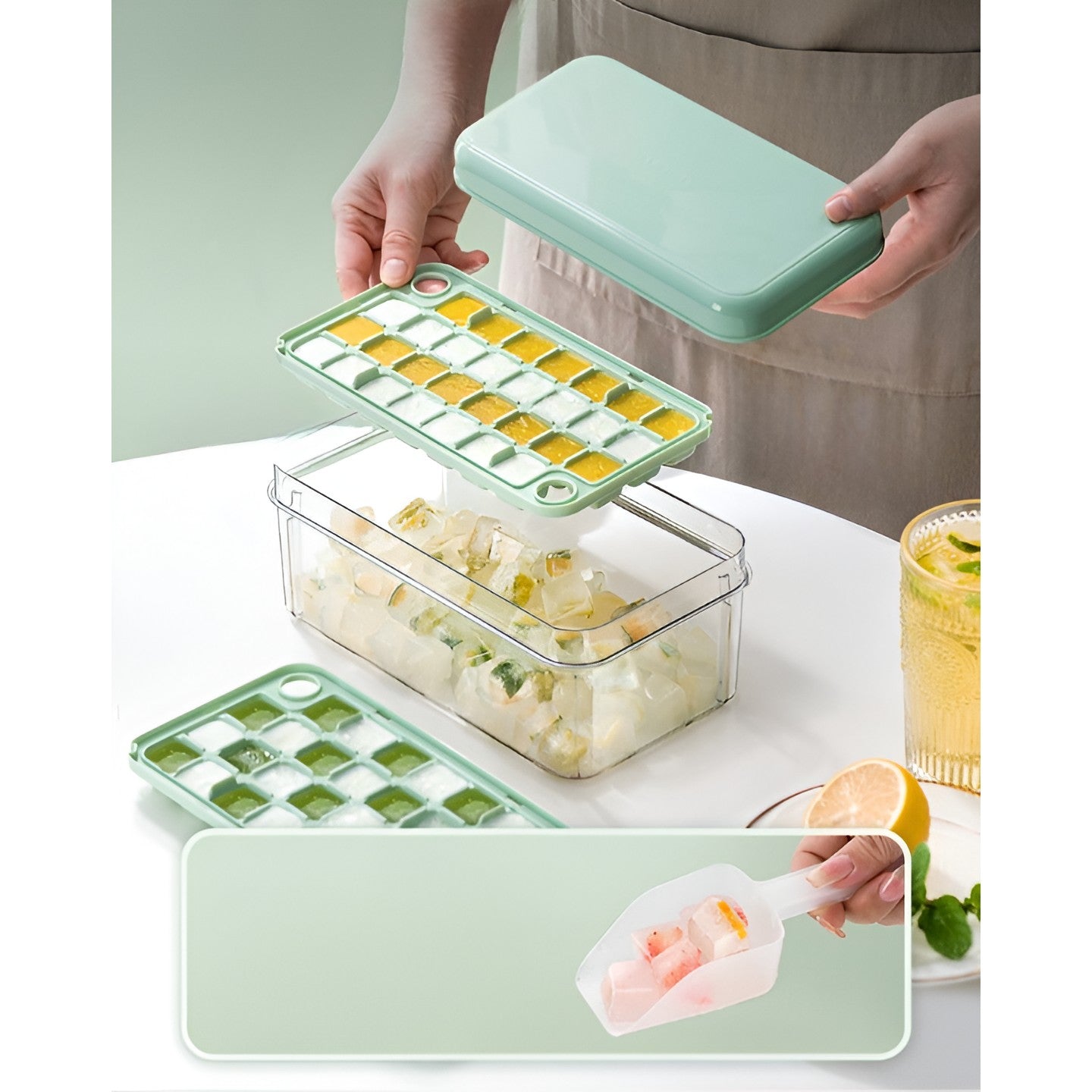 Set Cutie pentru Gheata, Flippy, Uz Casnic, Doua Tavite pentru Cuburi, Capac Etans, Lopata, 23.5x13.3x10 cm, Verde-2