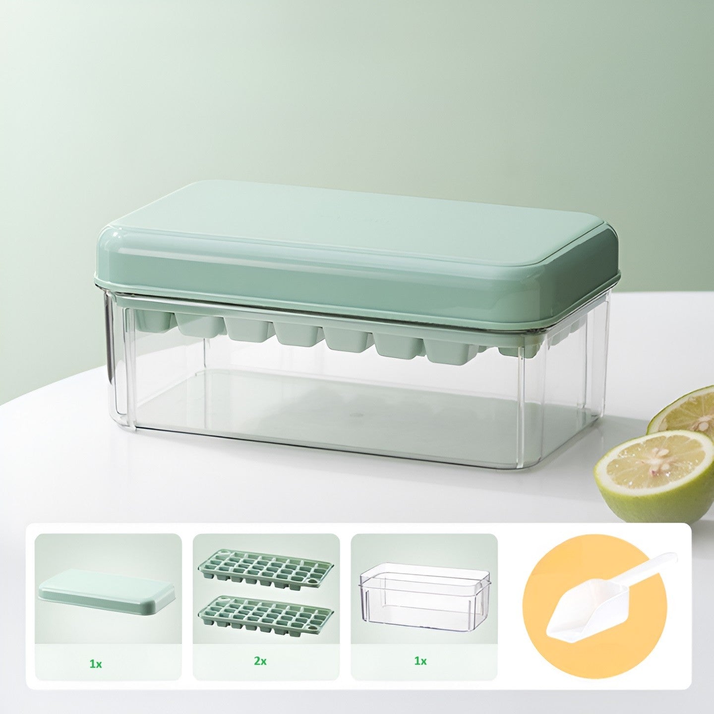 Set Cutie pentru Gheata, Flippy, Uz Casnic, Doua Tavite pentru Cuburi, Capac Etans, Lopata, 23.5x13.3x10 cm, Verde-10