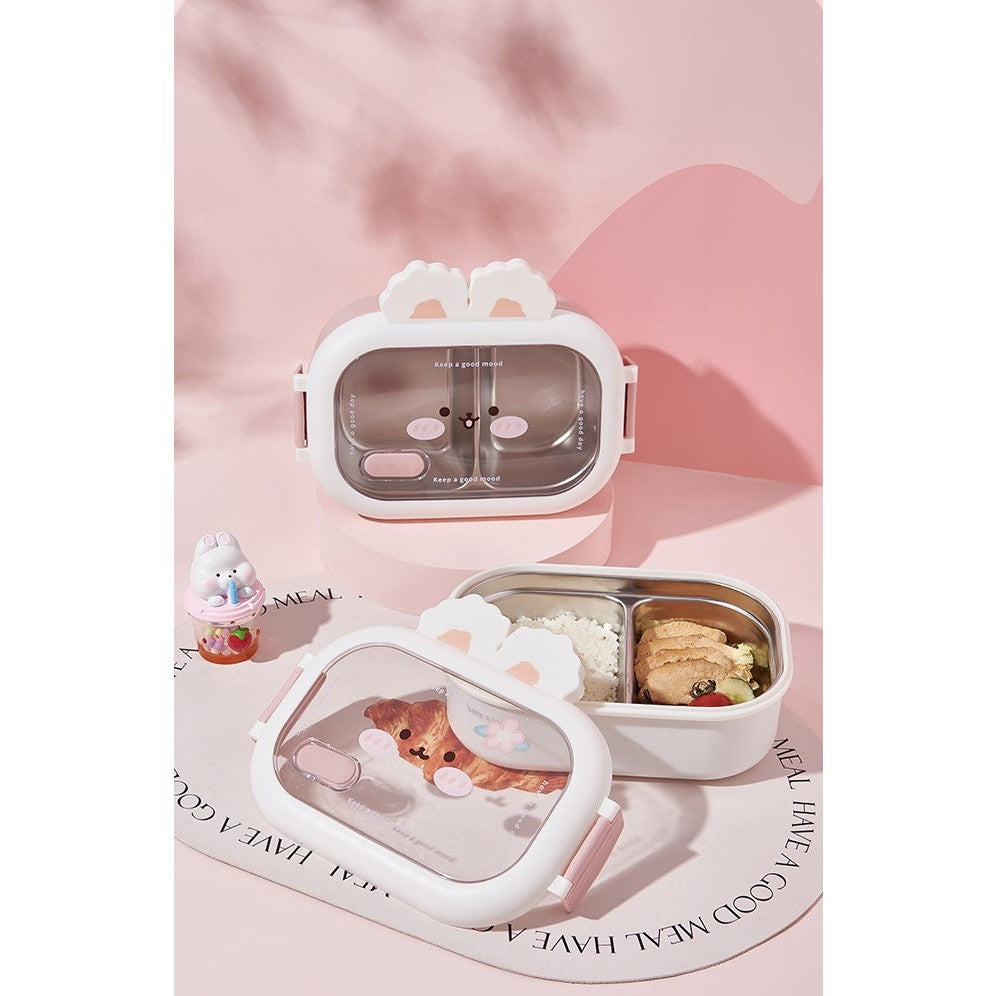 Cutie pentru Pranz sau Gustari, Flippy, cu Doua Compartimente, Model Iepuras, pentru Copii si Adulti, Etansare, PP, Perfect pentru Scoala si Birou, 1000 mL, 22x17.8x8 cm, Alb-1