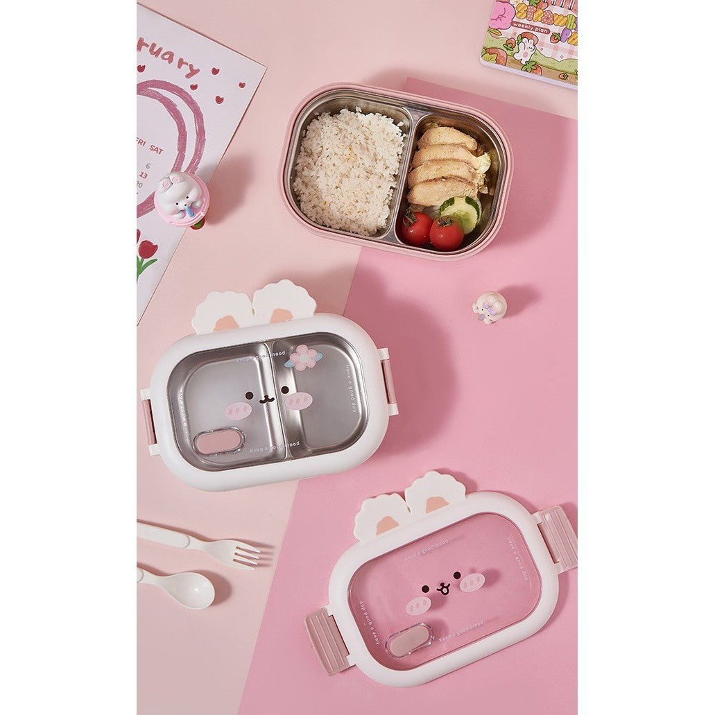Cutie pentru Pranz sau Gustari, Flippy, cu Doua Compartimente, Model Iepuras, pentru Copii si Adulti, Etansare, PP, Perfect pentru Scoala si Birou, 1000 mL, 22x17.8x8 cm, Alb-2