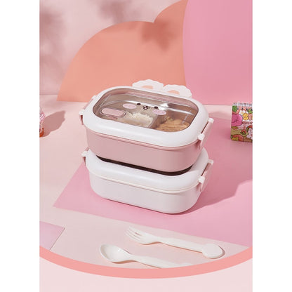 Cutie pentru Pranz sau Gustari, Flippy, cu Doua Compartimente, Model Iepuras, pentru Copii si Adulti, Etansare, PP, Perfect pentru Scoala si Birou, 1000 mL, 22x17.8x8 cm, Roz-2