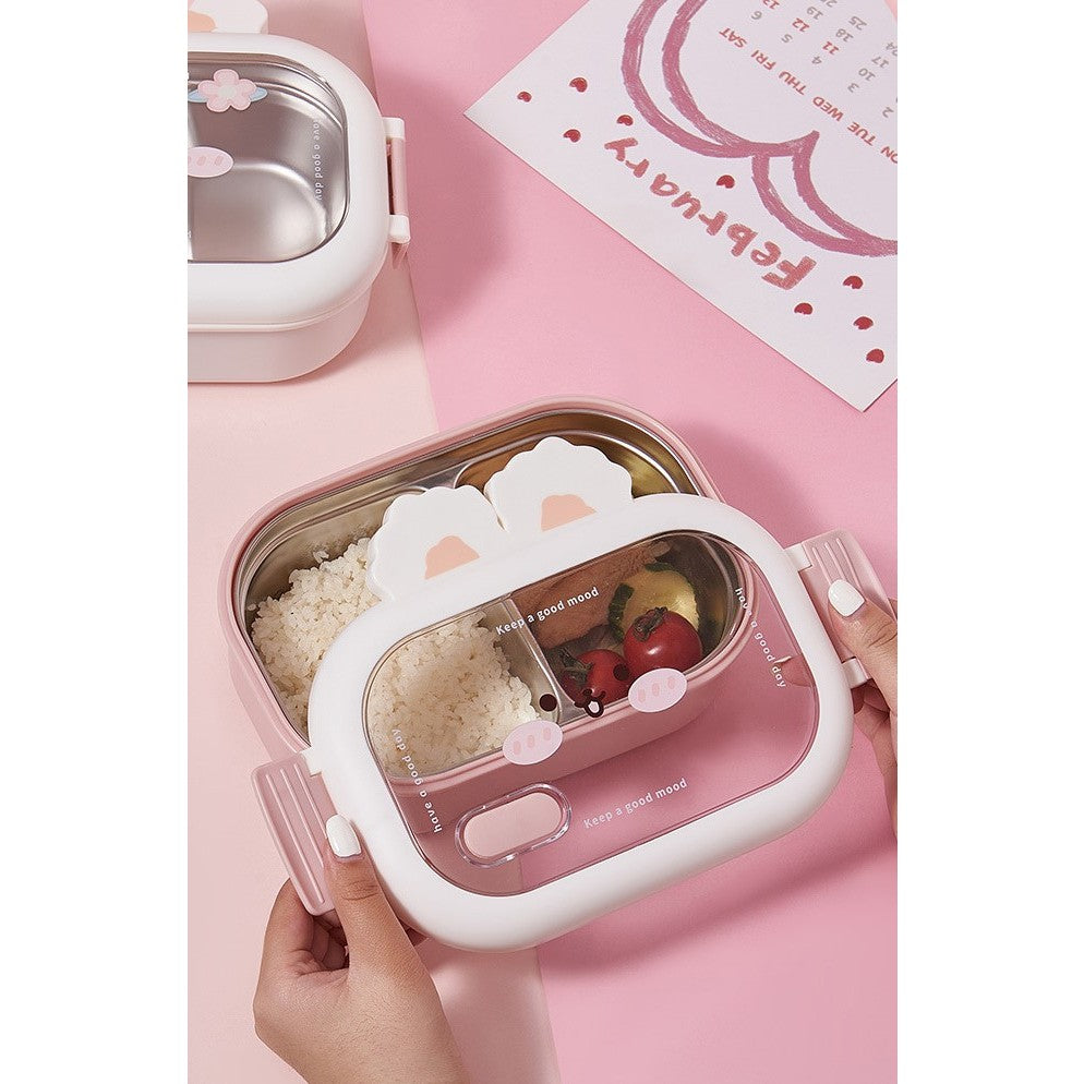 Cutie pentru Pranz sau Gustari, Flippy, cu Doua Compartimente, Model Iepuras, pentru Copii si Adulti, Etansare, PP, Perfect pentru Scoala si Birou, 1000 mL, 22x17.8x8 cm, Roz-3