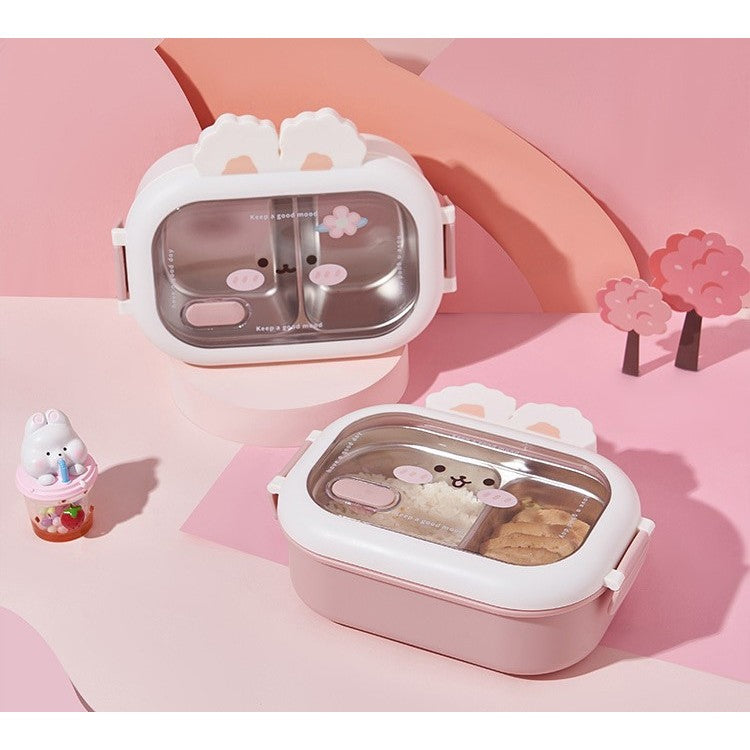 Cutie pentru Pranz sau Gustari, Flippy, cu Doua Compartimente, Model Iepuras, pentru Copii si Adulti, Etansare, PP, Perfect pentru Scoala si Birou, 1000 mL, 22x17.8x8 cm, Roz-5