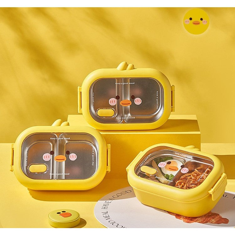 Cutie pentru Pranz sau Gustari, Flippy, cu Doua Compartimente, Model Ratusca, pentru Copii si Adulti, Etansare, PP, Perfect pentru Scoala si Birou, 1000 mL, 22.5x14.5x8 cm, Galben-5
