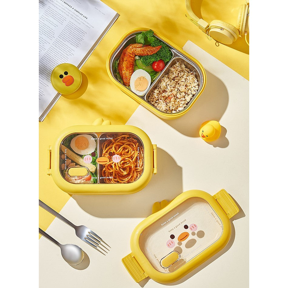 Cutie pentru Pranz sau Gustari, Flippy, cu Doua Compartimente, Model Ratusca, pentru Copii si Adulti, Etansare, PP, Perfect pentru Scoala si Birou, 1000 mL, 22.5x14.5x8 cm, Galben-9