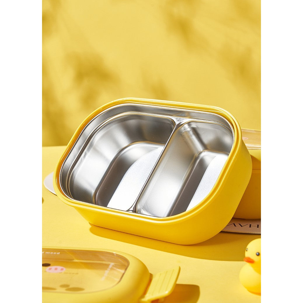 Cutie pentru Pranz sau Gustari, Flippy, cu Doua Compartimente, Model Ratusca, pentru Copii si Adulti, Etansare, PP, Perfect pentru Scoala si Birou, 1000 mL, 22.5x14.5x8 cm, Galben-10