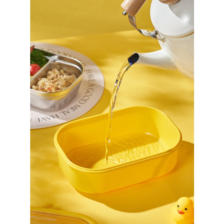 Cutie pentru Pranz sau Gustari, Flippy, cu Doua Compartimente, Model Ratusca, pentru Copii si Adulti, Etansare, PP, Perfect pentru Scoala si Birou, 1000 mL, 22.5x14.5x8 cm, Galben-11