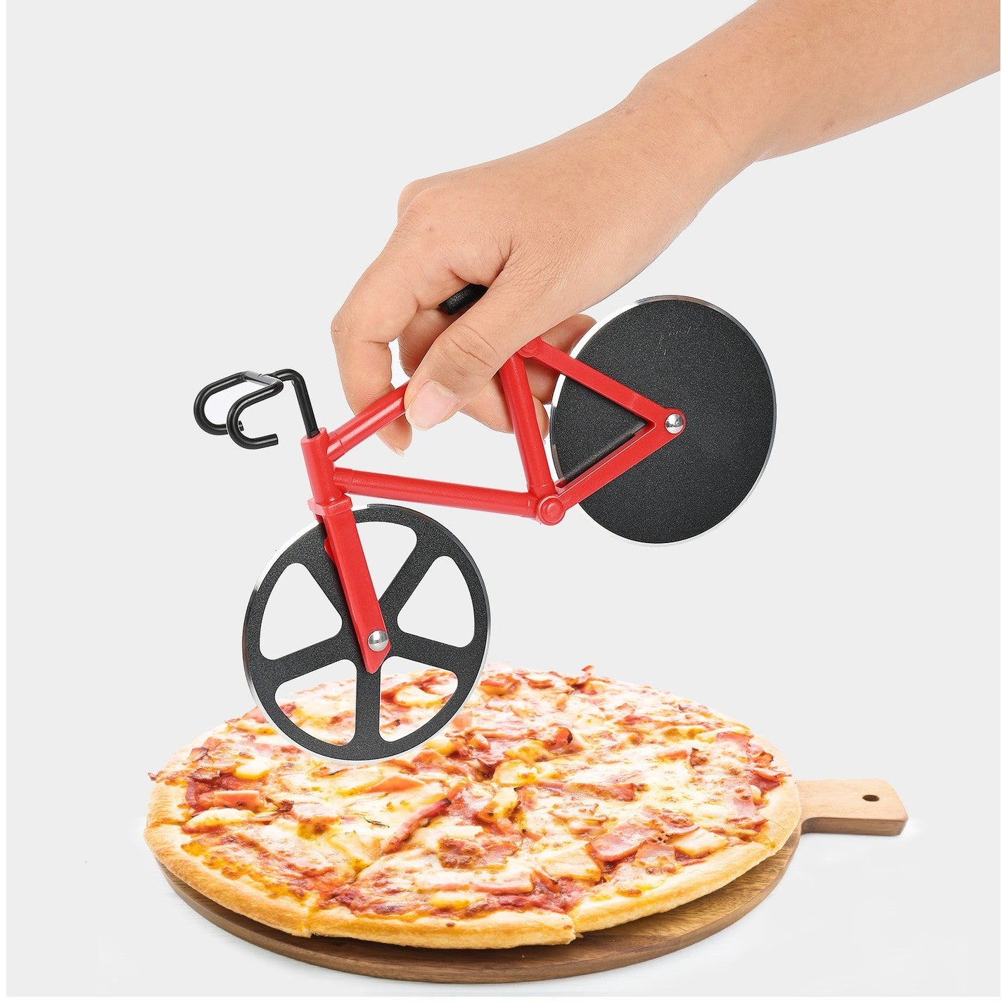 Cutit pizza creativ Flippy, in forma de bicicleta, cu suport pentru cutit, 19 x 12.5 cm, otel/PP, negru-2
