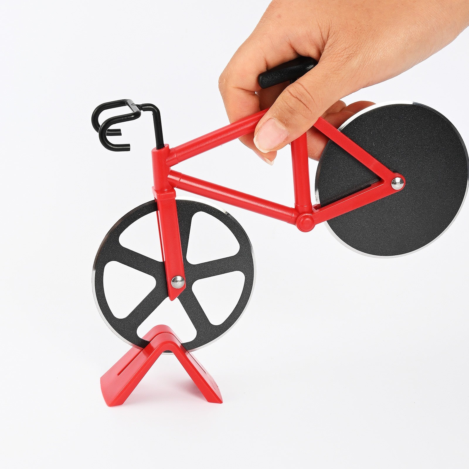 Cutit pizza creativ Flippy, in forma de bicicleta, cu suport pentru cutit, 19 x 12.5 cm, otel/PP, negru-3