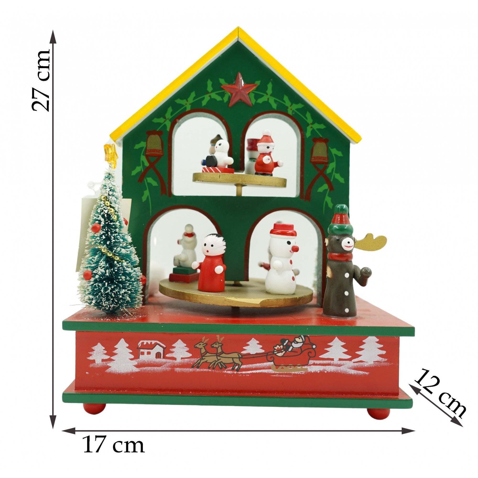 Cutiuta muzicala decorata, Casuta de Craciun, Multicolor, din Lemn, 17 cm x 20 cm, Interior, Flippy-5