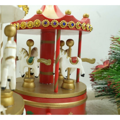 Cutiuta muzicala decorata de Craciun, Carusel rotativ, Rosu, din Lemn, Interior, Flippy-9