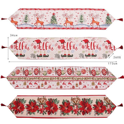 Traversa de Masa pentru Craciun, Flippy, Napron, din Material Tricotat cu Tesatura Groasa, Model Flori Rosii, cu Colt si Ciucure, 173x34x0.2 cm, Alb/ Rosu-2