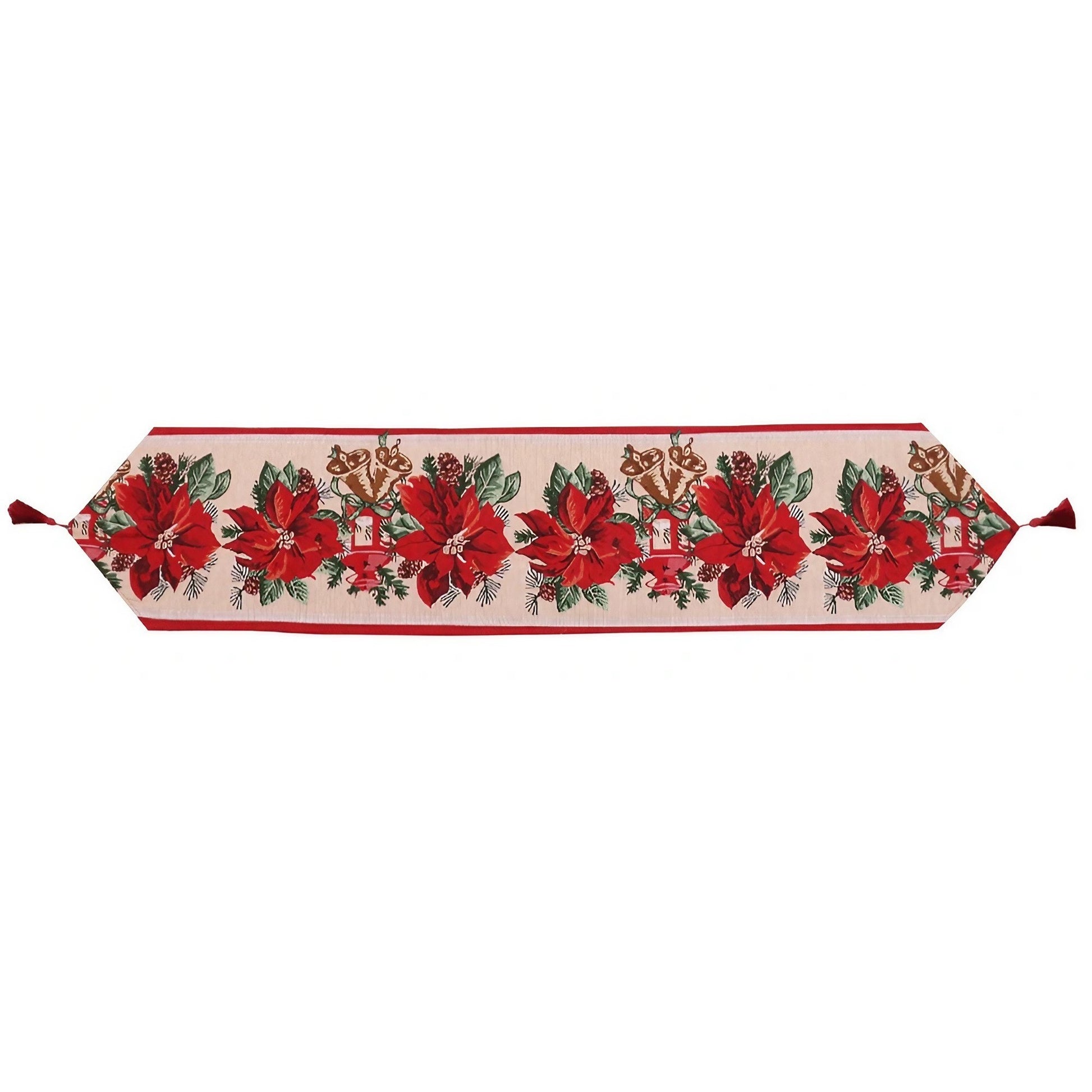 Traversa de Masa pentru Craciun, Flippy, Napron, din Material Tricotat cu Tesatura Groasa, Model Flori Rosii, cu Colt si Ciucure, 173x34x0.2 cm, Alb/ Rosu-0