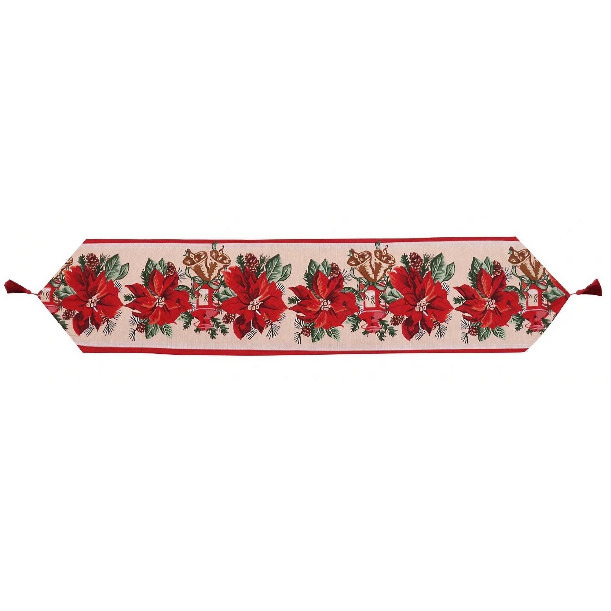 Traversa de Masa pentru Craciun, Flippy, Napron, din Material Tricotat cu Tesatura Groasa, Model Flori Rosii, cu Colt si Ciucure, 173x34x0.2 cm, Alb/ Rosu-0