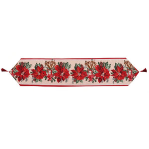 Traversa de Masa pentru Craciun, Flippy, Napron, din Material Tricotat cu Tesatura Groasa, Model Flori Rosii, cu Colt si Ciucure, 173x34x0.2 cm, Alb/ Rosu-0