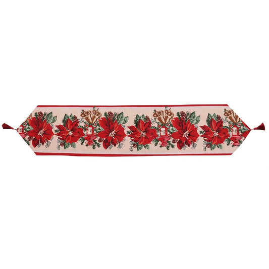 Traversa de Masa pentru Craciun, Flippy, Napron, din Material Tricotat cu Tesatura Groasa, Model Flori Rosii, cu Colt si Ciucure, 173x34x0.2 cm, Alb/ Rosu-0