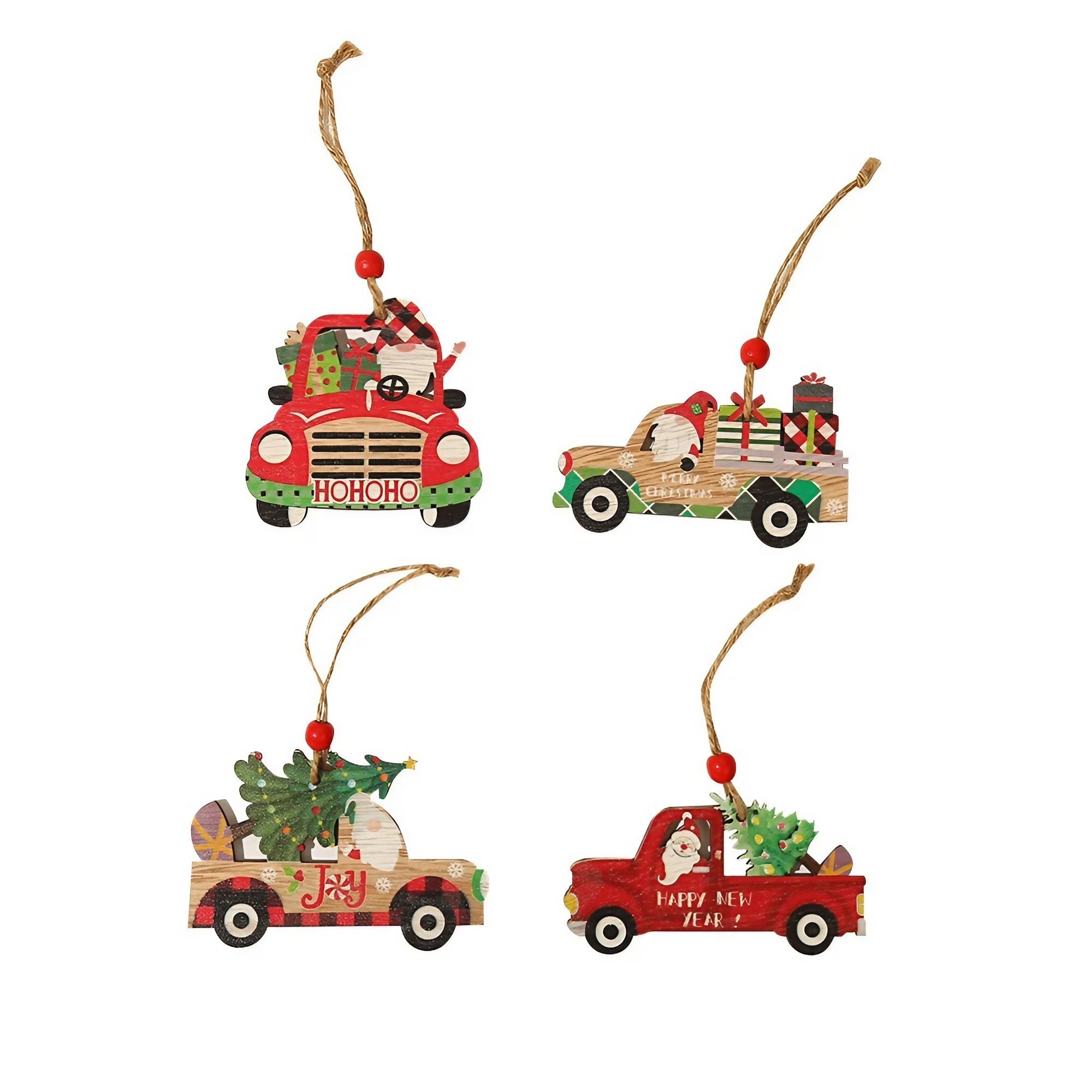 Decoratiune de Craciun din Lemn, Flippy, cu Snur pentru Agatare in Brad, Model Masina lui Mos Craciun, Scris Happy New Year, 8x8x0.4 cm, Multicolor-1