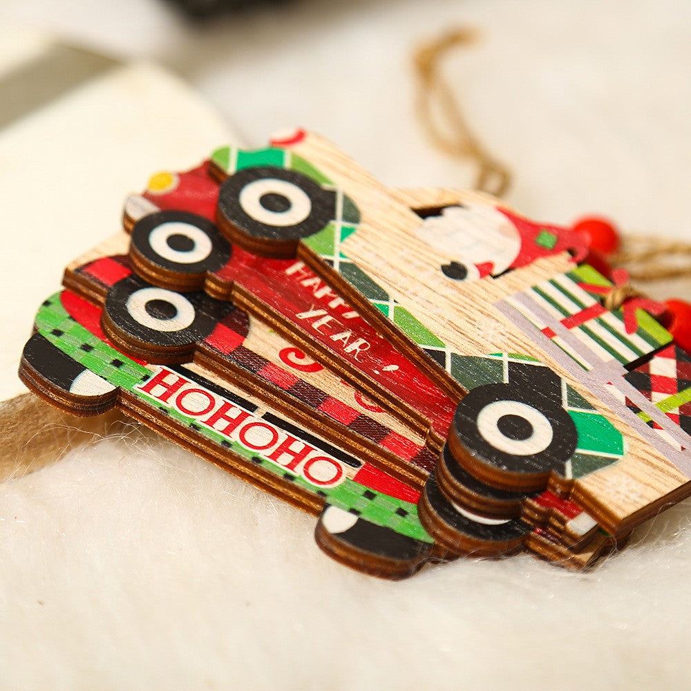 Decoratiune de Craciun din Lemn, Flippy, cu Snur pentru Agatare in Brad, Model Masina lui Mos Craciun, Scris Happy New Year, 8x8x0.4 cm, Multicolor-4