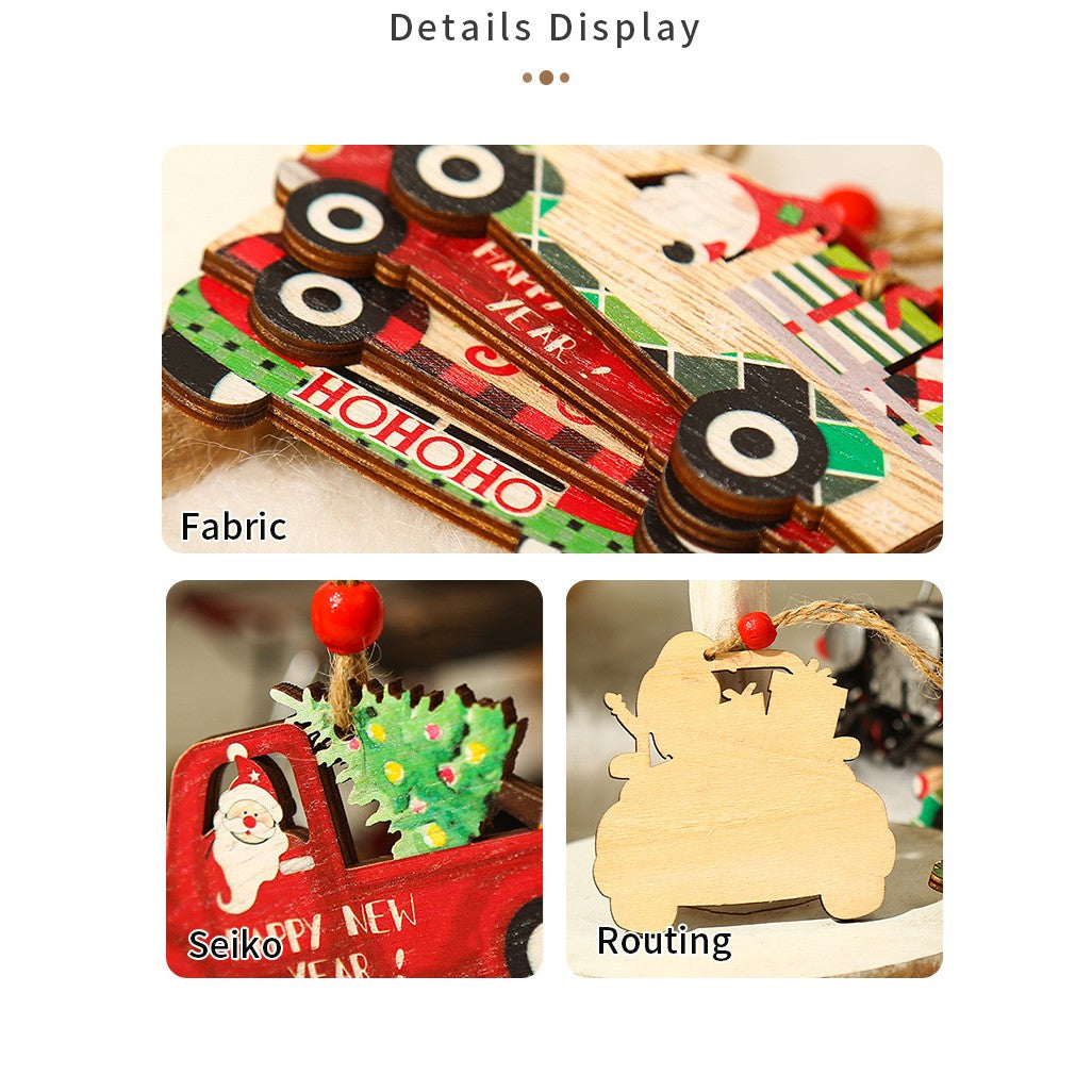 Decoratiune de Craciun din Lemn, Flippy, cu Snur pentru Agatare in Brad, Model Masina lui Mos Craciun, Scris Merry Christmas, 8x8x0.4 cm, Multicolor-2