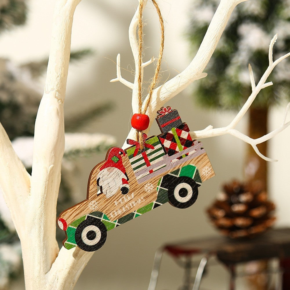 Decoratiune de Craciun din Lemn, Flippy, cu Snur pentru Agatare in Brad, Model Masina lui Mos Craciun, Scris Merry Christmas, 8x8x0.4 cm, Multicolor-3