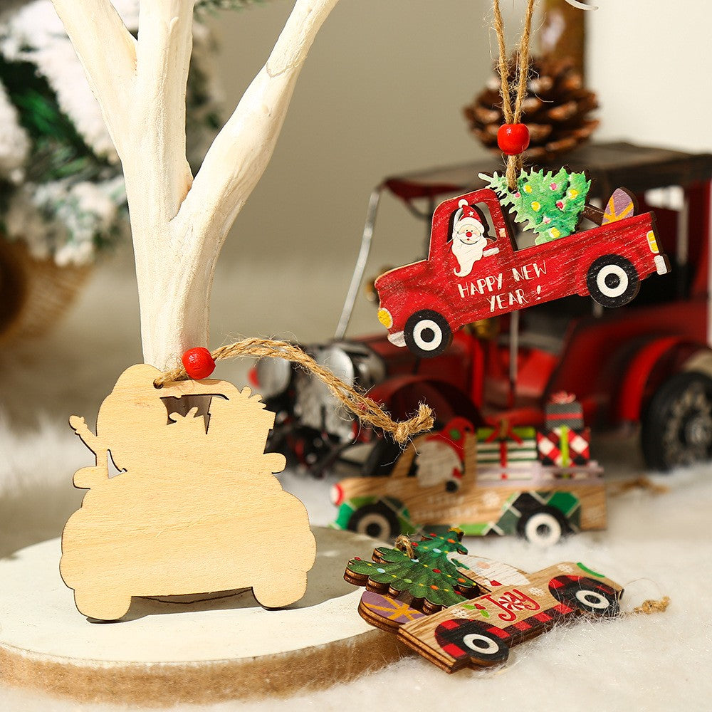 Decoratiune de Craciun din Lemn, Flippy, cu Snur pentru Agatare in Brad, Model Masina lui Mos Craciun, Scris Merry Christmas, 8x8x0.4 cm, Multicolor-5