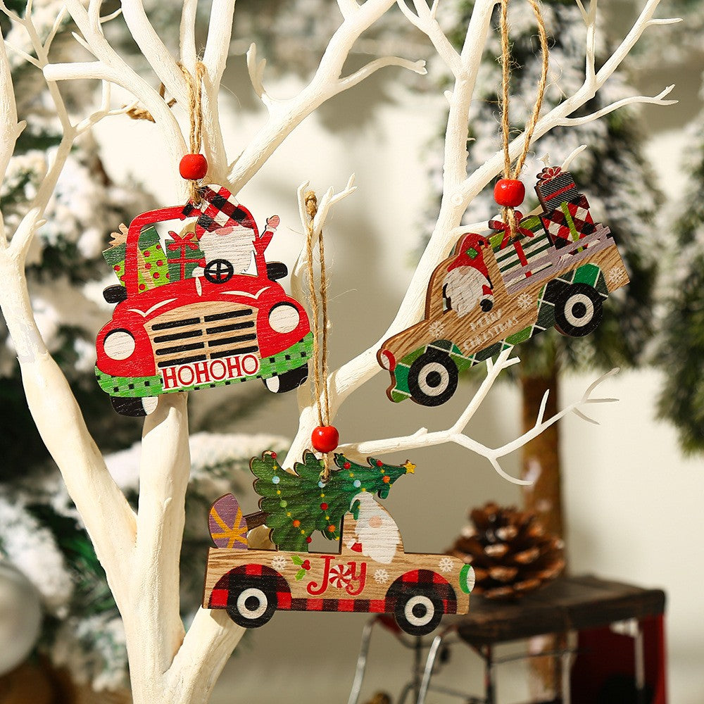 Decoratiune de Craciun din Lemn, Flippy, cu Snur pentru Agatare in Brad, Model Masina lui Mos Craciun, Scris Merry Christmas, 8x8x0.4 cm, Multicolor-6