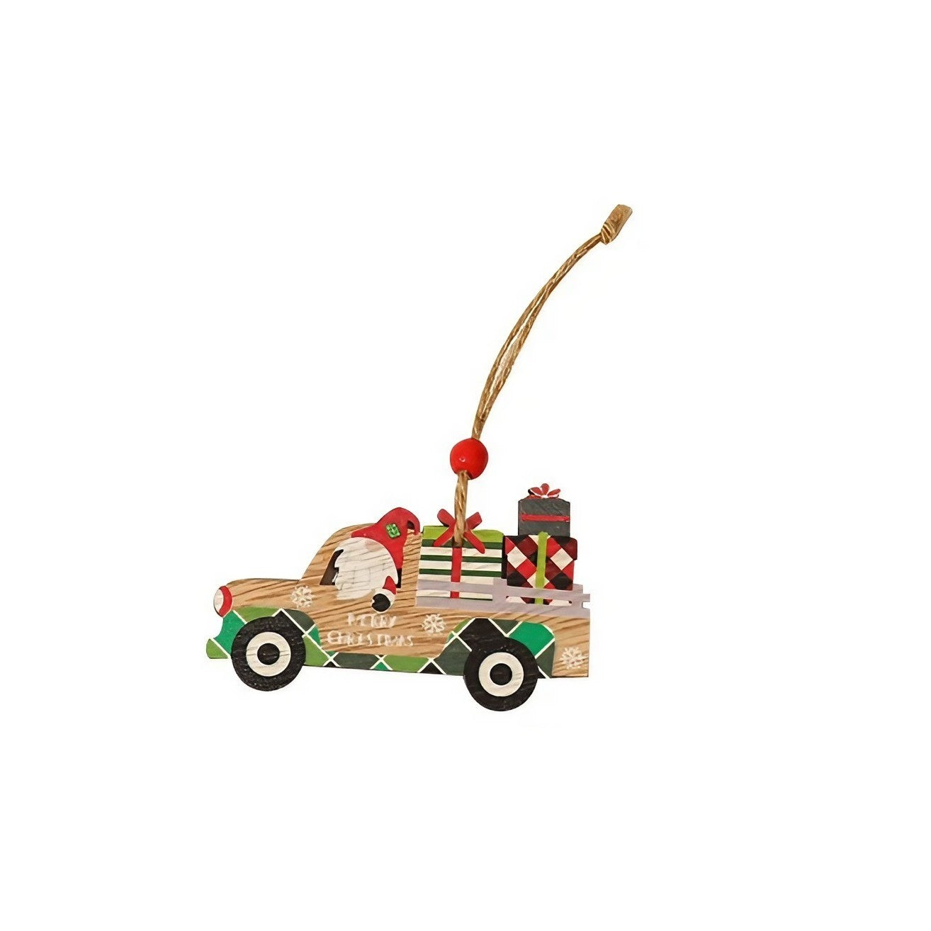 Decoratiune de Craciun din Lemn, Flippy, cu Snur pentru Agatare in Brad, Model Masina lui Mos Craciun, Scris Merry Christmas, 8x8x0.4 cm, Multicolor-0