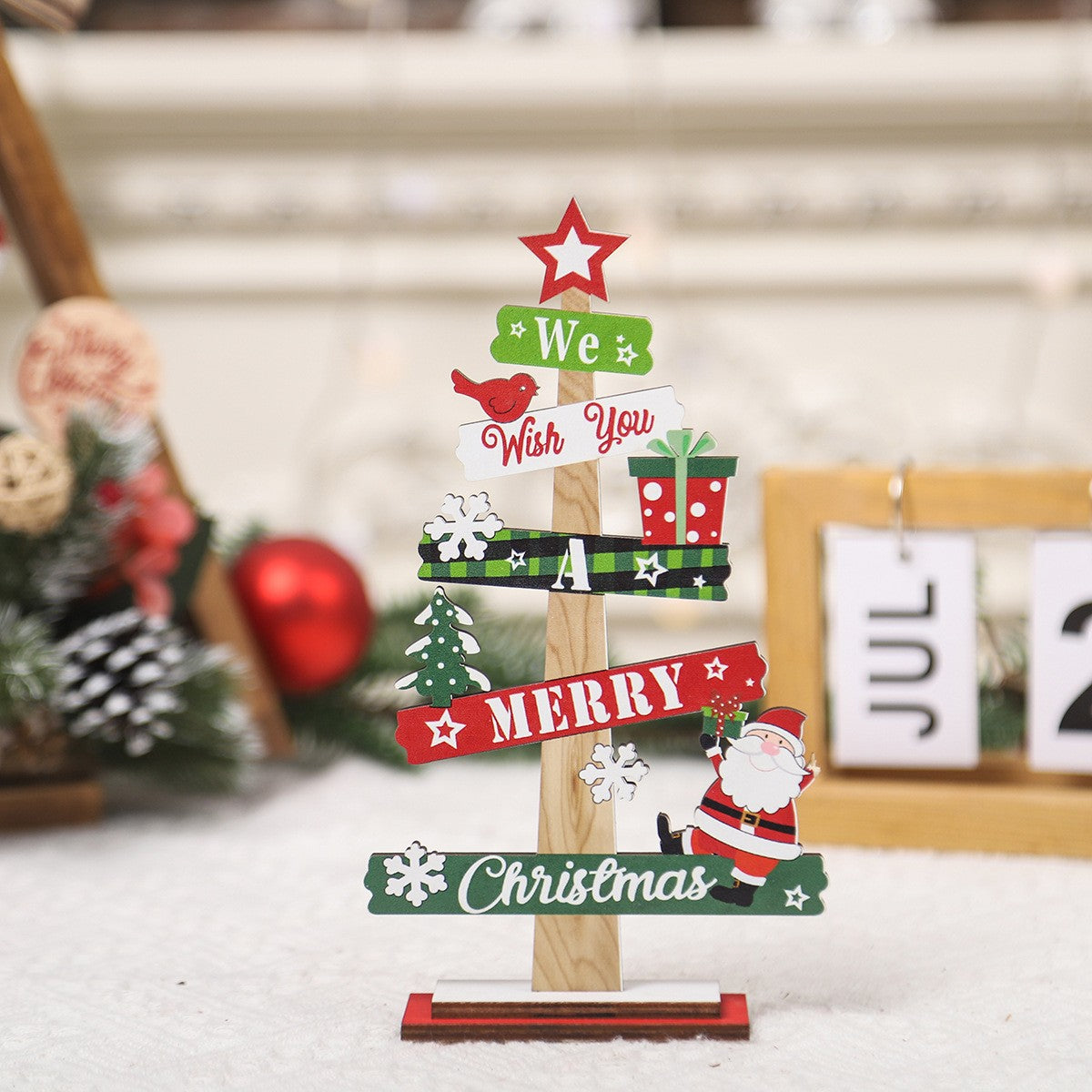 Decoratiune de Craciun din Lemn, Flippy, pentru Masa, Scris We Wish You A Merry Christmas, Model Bradut, 21.5x12.2x4 cm, Multicolor-4